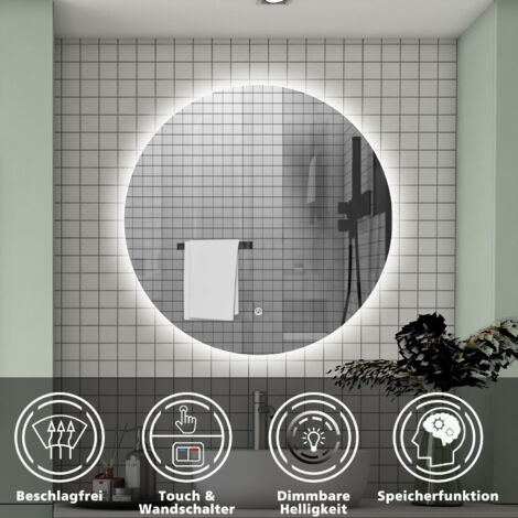 LED Badspiegel Rund mit Beleuchtung Badezimmerspiegel Kaltweiß mit Touchschalter Beschlagfrei Dimmbar Speicherfunktion 80cm