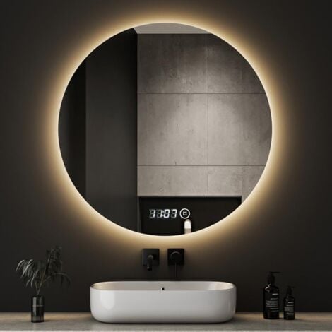 BOROMAL LED Badspiegel Rund mit Beleuchtung und Uhr 60x60cm LED Spiegel Rund mit Uhr LED Spiegel Bad Runder Badezimmerspiegel mit Beleuchtung Wandspiegel Rund mit 3 Lichtfarbe Dimmbar + Uhr