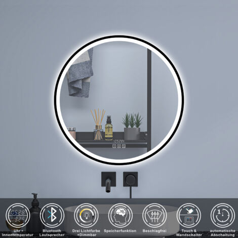 LED Badspiegel Wandspiegel Badezimmerspiegel, Beschlagfrei, Drei Farben Dimmbar, Bluetooth, Uhr 70cm