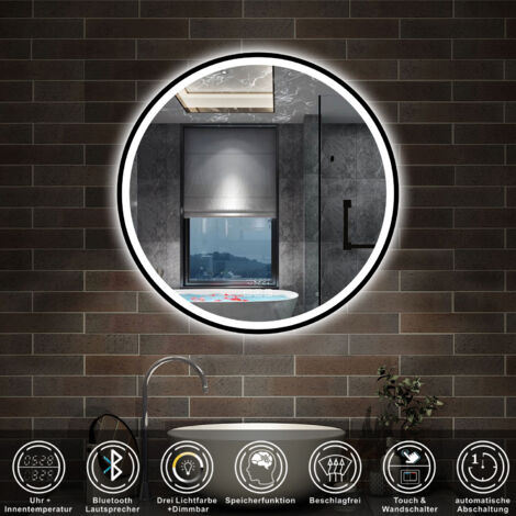 LED Badspiegel Wandspiegel Badezimmerspiegel, Beschlagfrei, Drei Farben Dimmbar, Bluetooth, Uhr 80cm
