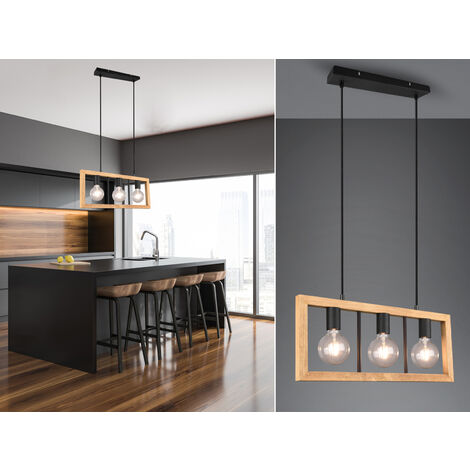 LED Balken Pendelleuchte 3 flammig Schwarz mit Holzbalken, Breite 60cm