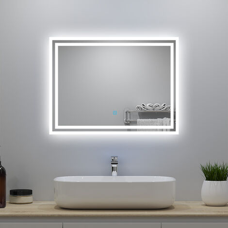 LED Bathroom Mirror with LED Lights and Demister Touch Sensor Wall Mounted - 800x600mm Shaver Socket+2 USB Ports+Dimmable 3 Light Colour