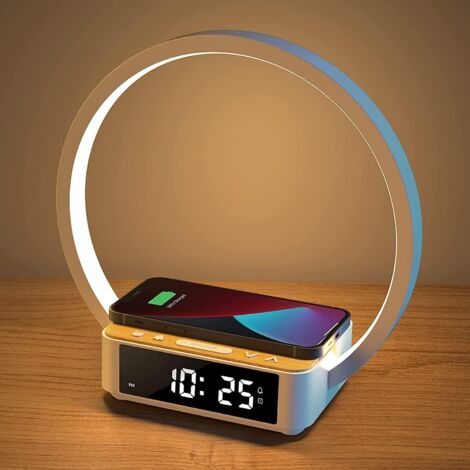 LED Bedside Lamp, Desk Lamp Night Light 3 Brightness Levels and Wireless Charger Clock Lamp Wake-up Light and Touch Sensitive USB Charging