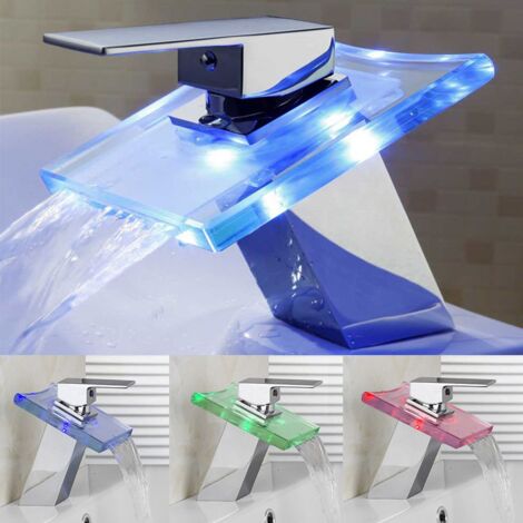 LED-Beleuchtung mit 3 Farbwechseln, Wasserfall-Wasserhahn, Glas-Waschtischmischer für Badezimmer/Küchen