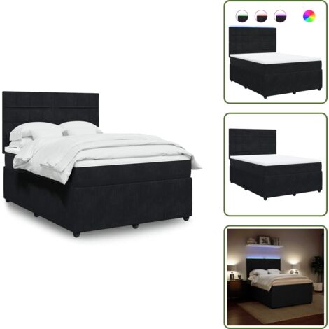 LED-Beleuchtung - vidaXL Boxspringbett mit Matratze Schwarz 140x200 cm Samt - Kopfteil
