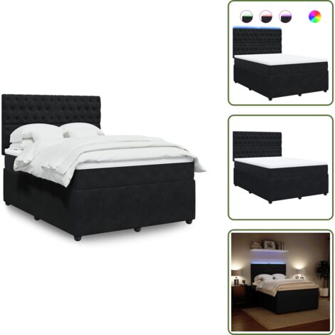 LED-Beleuchtung - vidaXL Boxspringbett mit Matratze Schwarz 140x200 cm Samt - Kopfteil
