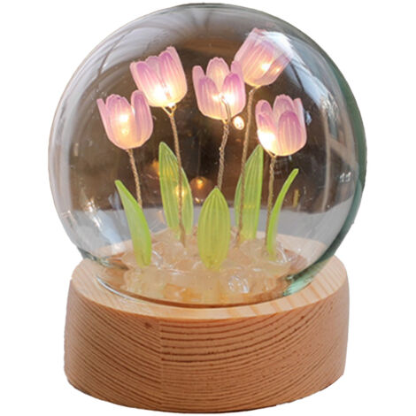 LED-Blumenlampe, Tulpenlampe, Wohnaccessoires, sanftes Umgebungslicht für Büro und Schlafzimmer, Wandmontage, Lila, Holz und Glas