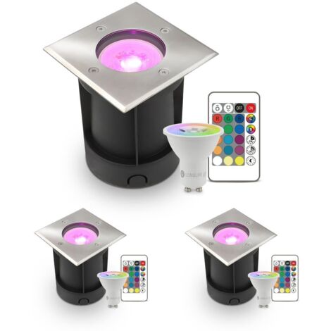 LED Bodeneinbaustrahler eckig Edelstahl 230V IP67 - Leuchtmittel: GU10 5W RGB+CCT inkl. IR Fernbedienung - Anzahl: 3x