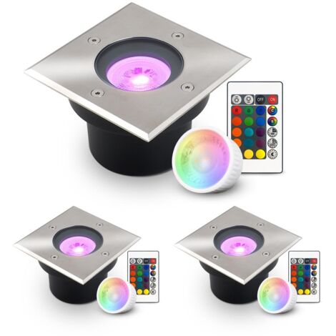 LED Bodeneinbaustrahler flach eckig Edelstahl 230V IP67 - Leuchtmittel: 5W RGB+CCT DIMMBAR 60° - Anzahl: 3x