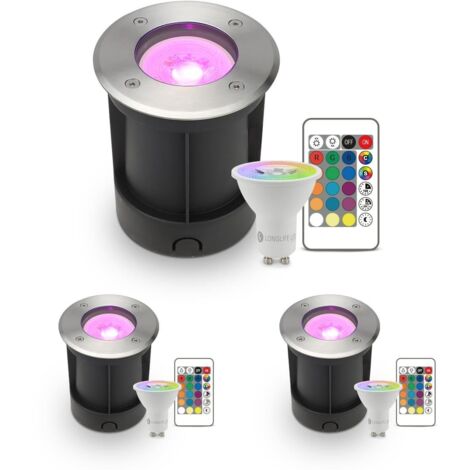 LED Bodeneinbaustrahler rund Edelstahl 230V IP67 - Leuchtmittel: GU10 5W RGB+CCT inkl. IR Fernbedienung - Anzahl: 3x