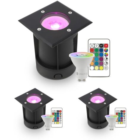 LED Bodeneinbaustrahler Schwarz eckig 230V IP67 - Leuchtmittel: GU10 5W RGB+CCT inkl. IR Fernbedienung - Anzahl: 3x