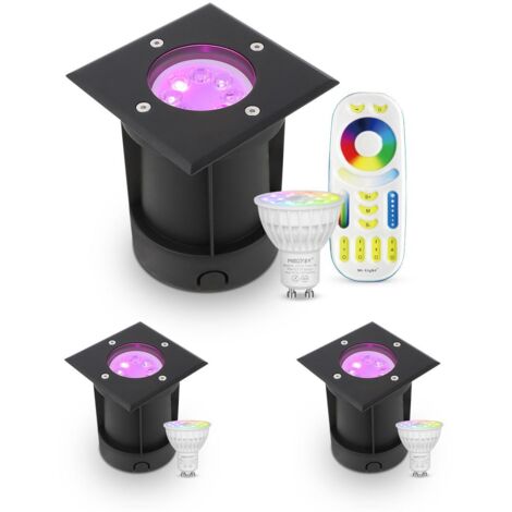 LED Bodeneinbaustrahler Schwarz eckig 230V IP67 - Leuchtmittel: GU10 RGB+CCT DIMMBAR inkl. Fernbedienung - Anzahl: 3x