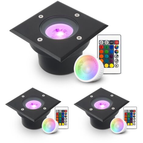 LED Bodeneinbaustrahler Schwarz FLACH eckig 230V IP67 - Leuchtmittel: 5W RGB+CCT DIMMBAR 60° - Anzahl: 3x