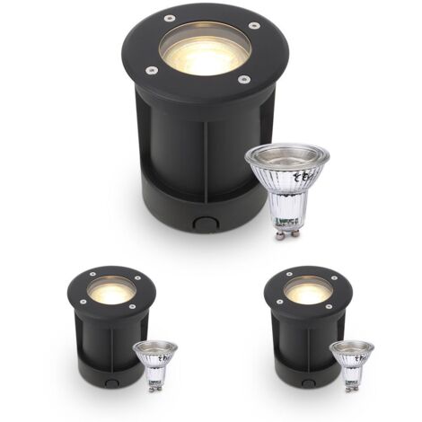 LED Bodeneinbaustrahler Schwarz rund 230V IP67 - Leuchtmittel: GU10 5W 2700K DIMMBAR - Anzahl: 3x