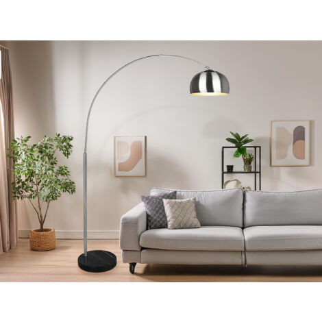 LED Bogenlampe Silber matt Marmorfuß Schwarz große Ausladung, Höhe 200cm