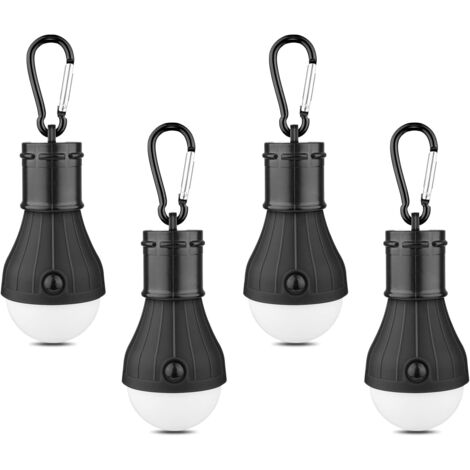 LED Camping Tent Lantern, Portable Outdoor Waterproof Emergency Light Bulb, Battery Powered with Clip Hook, Super Bright, for Hiking, Party，Camping, Fishing, Power Failure (4 Packs, Black )