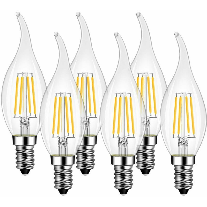 Hoopzi - led candle lamp E14, 470 lm, warm white 2700K, replaces 40 watts, non-dimmable, classic candle-shaped filament, transparent (set of 6)