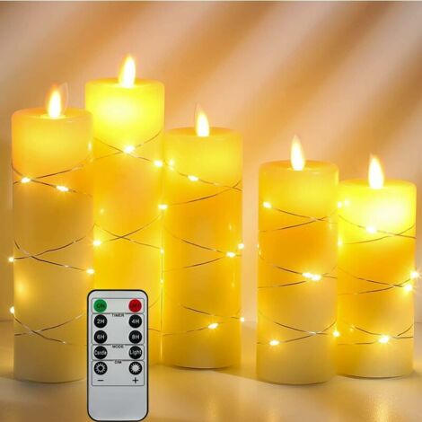 LED Candle Lights,Built-in String Lights,5 LED Candle Lights,with 10 Key Remote Control,24 Hours Timer Function,Dancing Flame,Real Wax,Battery Powered.