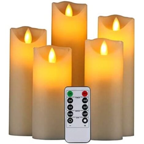 LED Candles, Flameless Candles. Set of 5 (10,12,15,17,19 cm, Ivory), Real Wax. With Realistic Flickering Flames, Remote Control With 10 Function Menus, 24 Hour Timer