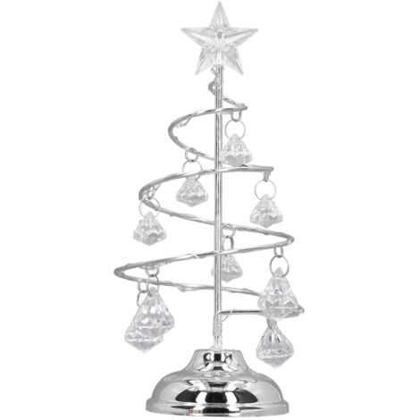 LED Christmas Tree Lamp Small Crystal Decorative Iron Tree Night Light Ornament for Gift Silver White Light