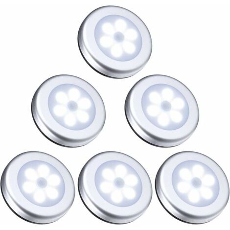 LED Closet / Cabinet Light, 6pcs Cabinet Lights Nightlight, LED Motion Sensor Light with Magnetic Base, for Staircase Kitchen Showcases Cabinet (Battery Powered) Silver White Light