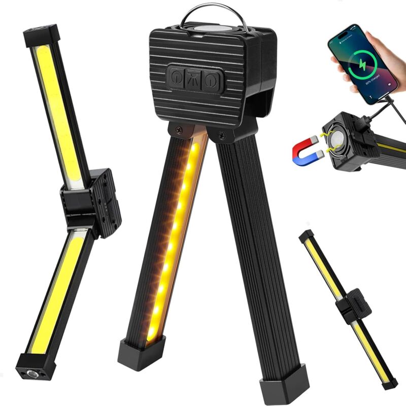 LED COB Work Lamp Rechargeable – Portable Light With Magnetic Base, Hook, and 180° Foldable Head, Ideal for Workshop and Camping