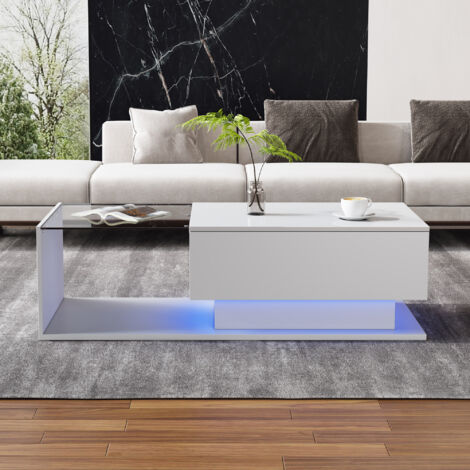 LED Coffee Table for Living Room, Modern High Gloss Coffee Table, Center Table with Glass, Modern Coffee Table for Living Room with Drawer (White)