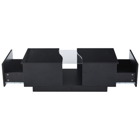 LED Coffee Table with 16-Color Lights & 2 Drawers - High Gloss Modern Centre Table with Storage, Unique Shape End Table for Living Room/Office, Black