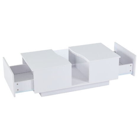 LED Coffee Table with 16-Color Lights & 2 Drawers - High Gloss Modern Centre Table with Storage, Unique Shape End Table for Living Room/Office, White
