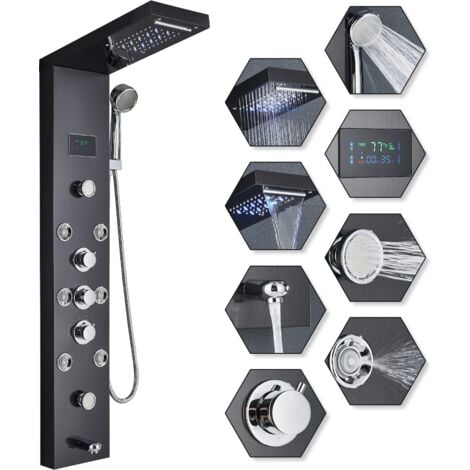 ONYZPILY LED Colonna Doccia Idromassaggio in 304 Acciaio Inox Pannello Doccia Set con Miscelatore da Massaggi, Soffione Fisso, Doccetta e Bocca Vasca 5 Funzioni per Bagno Nera