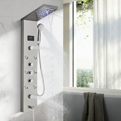 SUGUWORD LED Colonna Doccia Idromassaggio Pannello Doccia Set con 5 Funzioni in 304 Acciaio Inox,Miscelatore da Massaggi, Soffione Fisso, Doccetta e Bocca Vasca per Bagno