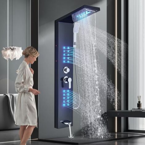 LED Colonna Doccia Idromassaggio,Onyzpily Acciaio Inox Pannello Doccia Idromassaggio con Soffione Fisso,Massaggi,Doccetta e Bocca Vasca(Nera)