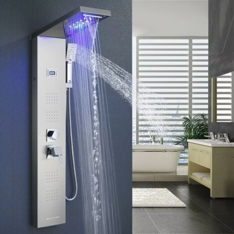 LED Colonna Doccia Idromassaggio,Onyzpily Pannello Doccia con Miscelatore per Vasca,Nichel spazzolato Acciaio Inox,5 Funzioni con Temperatura Display,Soffione Fisso,Massaggi,Doccetta e Bocca Vasca