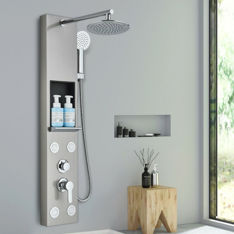 Colonne de Douche Hydromassante avec Buses Massants Colonne Douche Murale Multifonction Panneau de Douche avec étagère pour salle de bains en Acier