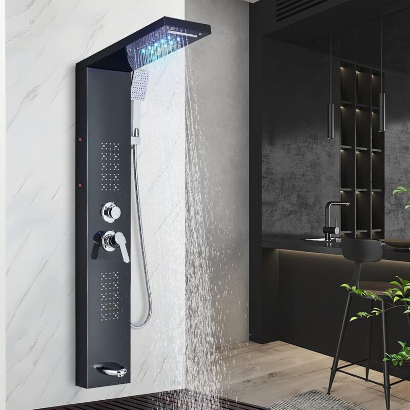Suguword - Colonne de douche Noir Système de Panneau de Douche Intégré avec Jets Corporels à LED,5 Modes en Acier Inoxydable,Tour de Douche