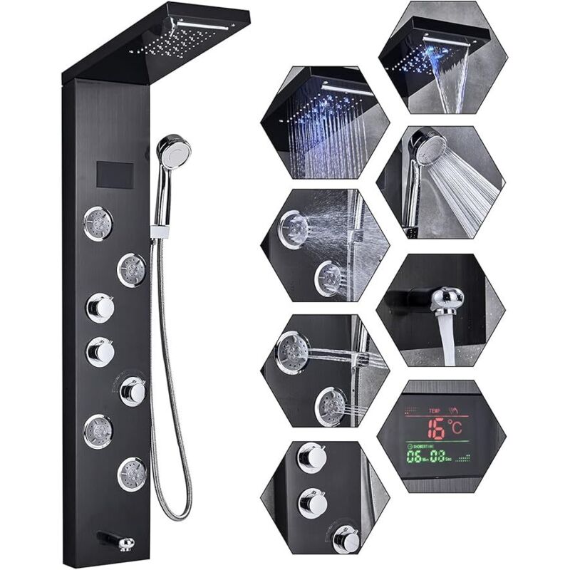 Bande de douche en acier inoxydable avec 4 injecteurs de massage 5 Fonction de douche Fonction de douche noire puissante