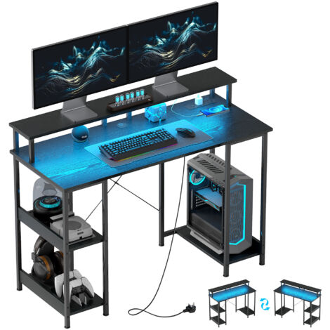 LED Computer Desk, with Power Outlets and Shelves - Black