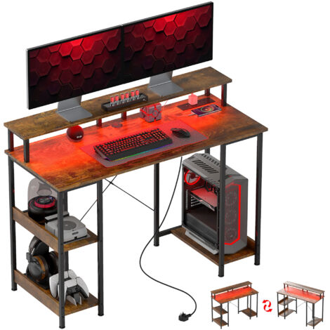 LED Computer Desk, with Power Outlets and Shelves - Rustic Brown