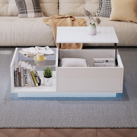 LED Couchtisch,Hochglanz Couchtisch, Wohnzimmertischmit , Höhenverstellbarer Kaffeetisch mit Verstecktem Stauraum und Ablage, 50 x 100 x (33-46.5) cm
