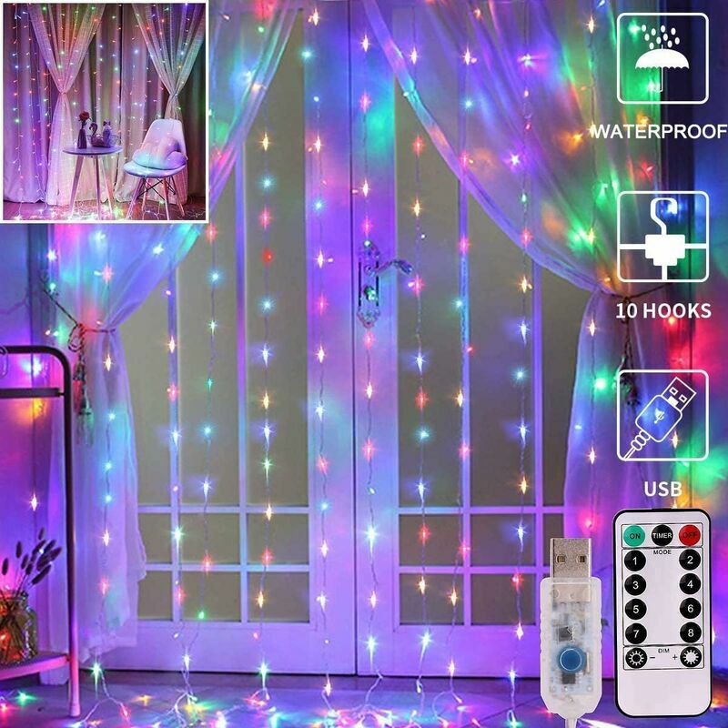 Led Curtain Lights, Window Curtain Fairy Twinkle Lights 3mx3m 300leds usb Operated 8 Modes Icicle led String Lights with Remote & Timer for Indoor