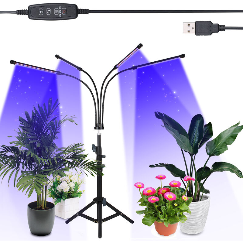 

LED de 4 cabezas Grow Light con soporte de tripode ajustable Lampara de cultivo de plantas de espectro completo 10 niveles de brillo Rojo y azul 3