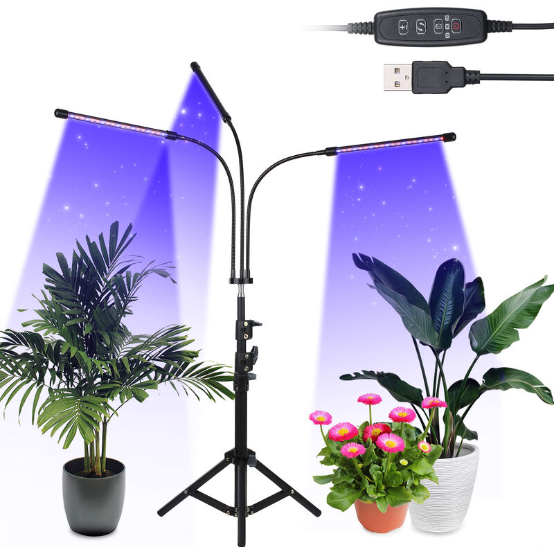 

LED de 3 cabezas Grow Light con soporte de tripode ajustable Lampara de cultivo de plantas de espectro completo 10 niveles de brillo Rojo y azul 3