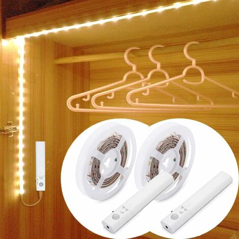 LED de lumière de capteur de mouvement 2 pièces 1M, bande LED flexible blanc chaud 1.5M pour armoire murale, armoire, escaliers, tiroir