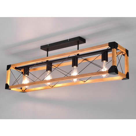 LED Deckenleuchte 4-flammig Schwarz mit Holzbalken, Breite 100cm