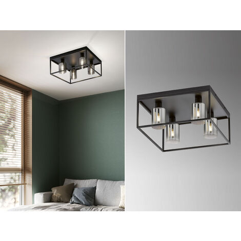 LED Deckenleuchte 4-flammig Schwarz mit Rauchglas, Quadrat 45cm