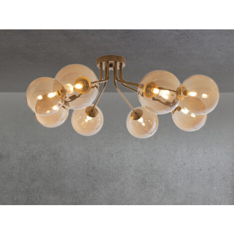 LED Deckenleuchte 8-flammig Messing Glaskugeln Amber, Breite 88cm