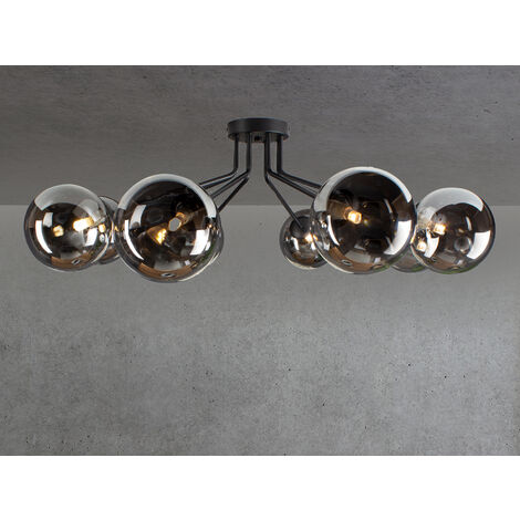 LED Deckenleuchte 8-flammig Schwarz Glaskugeln Rauchglas, Breite 88cm