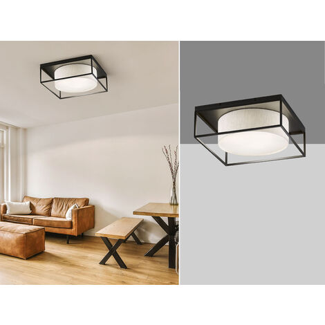 LED Deckenleuchte eckig groß mit Leinen Stoffschirm Beige, Quadrat 60cm