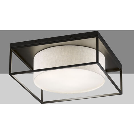 LED Deckenleuchte eckig groß mit Leinen Stoffschirm Beige, Quadrat 70cm