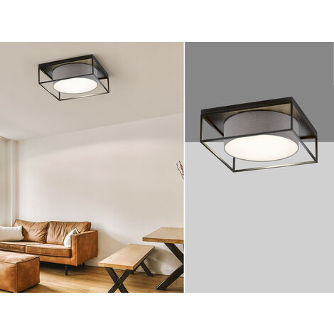 LED Deckenleuchte eckig groß mit Leinen Stoffschirm Grau, Quadrat 60cm